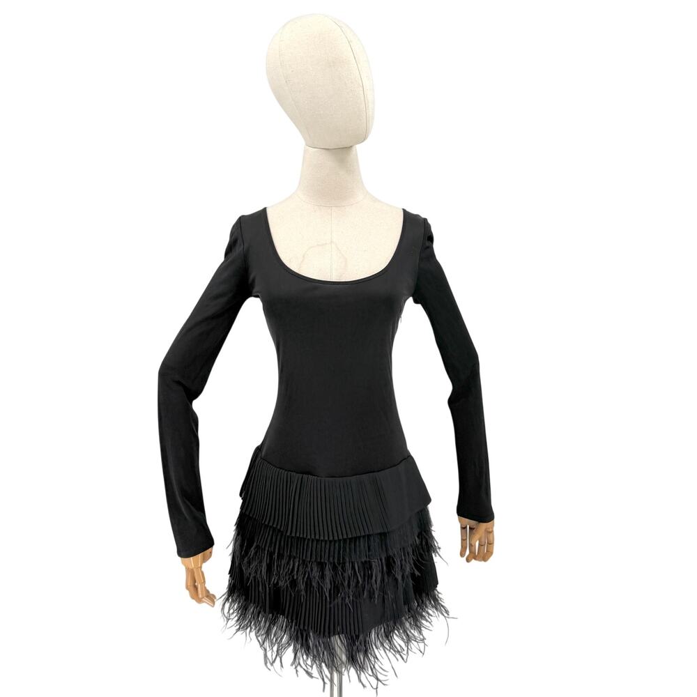 Vintage Y2K Catherine Malandrino Black Feather Trim Tiered Bodycon Mini Dress